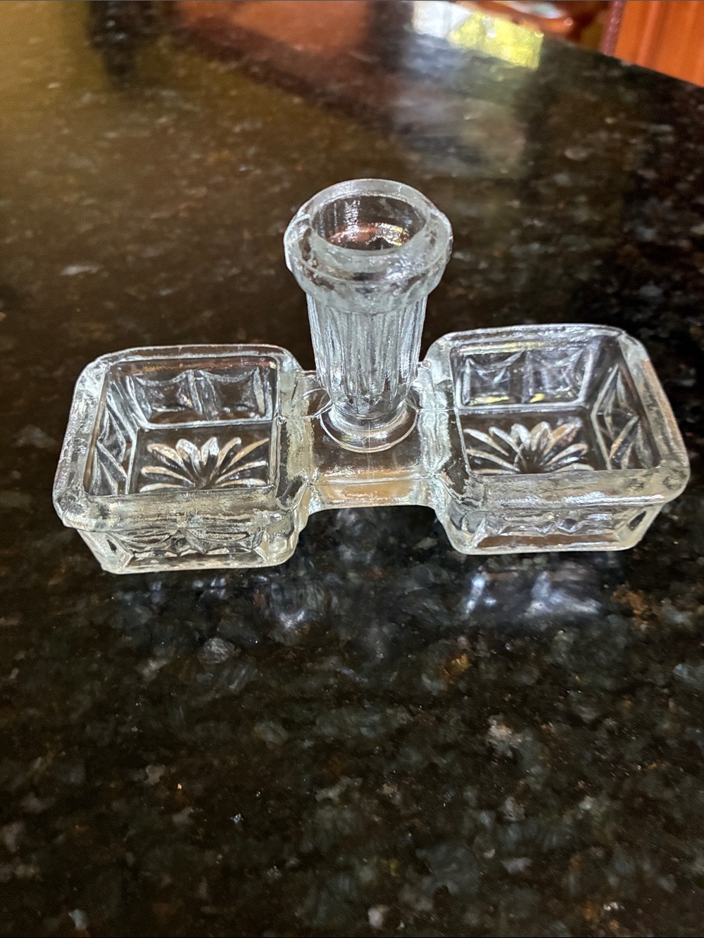 Clear Glass Double Salt Cellar with Central Pepper Shaker